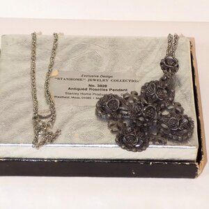 Vintage w/Box Stanhome Jewelry Antiqued Rosettes Pendant Necklace, Signed, USA